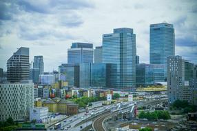 view of city streets with skyscrapers