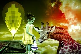 Girl caressing beautiful and cute giraffe at colorful background with a hot air balloon above the railway