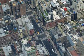 top view of houses and skyscrapers in new york