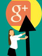Figure of the woman near the black arrow and colorful "Google Plus" logo, clipart