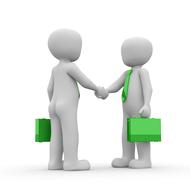 meeting, two male persons with briefcases handshaking, render
