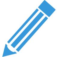 Blue and white icon of pencil, at white background, on clipart