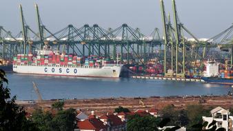 distant view of a cargo ship in port