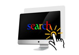 hand touching monitor with search lettering, drawing
