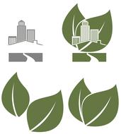 set of green icons, leaves and buildings