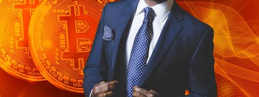 dark skin businessman at red background with Bitcoins