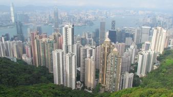 Beautiful cityscape of Hong Kong with shore, from the green Mount Victoria