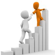 Orange figure, helping white figure to climb on the white graph, clipart