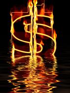 burning dollar sign on dark water, digital art