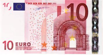 Colorful "10" Euro banknote, with the architecture, clipart