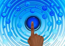 Touching blue button, among the blue and white icons, with finger, on clipart