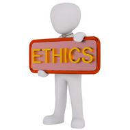 White figure of a person, holding colorful "Ethics" board, at white background, clipart