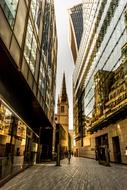 Beautiful pavement street of London, with the lights, among the buildings, in England, United Kingdom