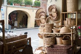 Beautiful traditional weaved Baskets on market in Tuscany, Italy