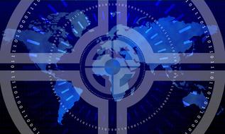 Blue and white world communication sign with the map