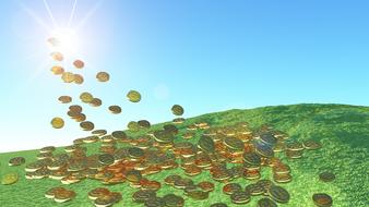gold coins on the green hill