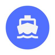 Blue and white boat on water icon