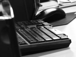 Mouse on pad at keyboard, nobody