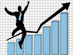 Silhouette of the jumping businessman, near the blue graph with black arrow, at checkered background, clipart