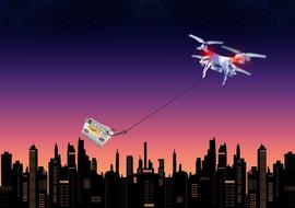 Drone, flying above the city, at colorful, gradient sky on background, clipart