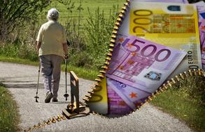 Old person, walking on the path, among the green plants, and colorful Euro banknotes under the zip