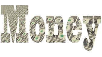 "Money" word with dollar banknotes at white background