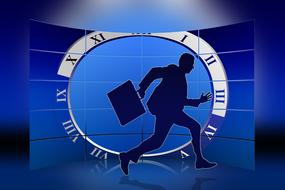 silhouette of a running businessman against the background of a clock face