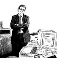 Black and white drawing of a smiling man in a suit, on clipart