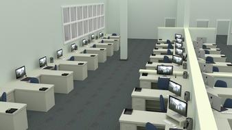Desks with the computers for work, in the office