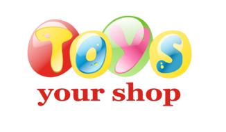 Colorful, shiny "Toys your shop" sign, at white background, on clipart