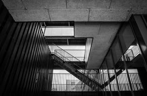 staircase in the hall of the building in black and white background