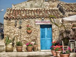 Colorful and beautiful shop, with the flowers, in Marzamemi, Italy, at blue sky on background