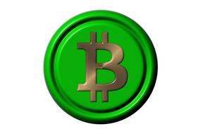 green bitcoin button on white background