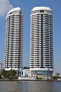 Tall hotel buildings against the blue sky