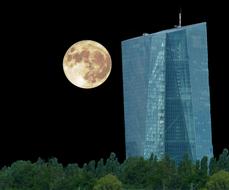 full moon at dark sky beside of Ecb building, germany, frankfurt