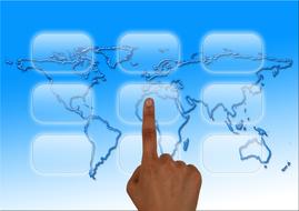 Touching, blue and white icons, at Continents map, with finger, on clipart