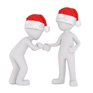 White figures in red and white Santa Hats, doing handshake, clipart