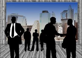 Silhouettes of the people in teamwork, at background with colorful buildings, on clipart