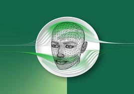 Black and white, 3d model of a head, at green and white background, on clipart