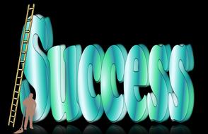 Brown silhouette of the person near the ladder on the turquoise and green "Success" sign at black background, on clipart