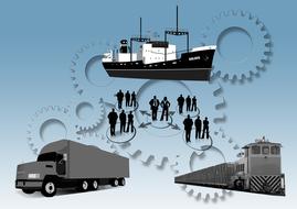 Silhouettes of the people, among the truck, ship and freight train, at background with gears, clipart