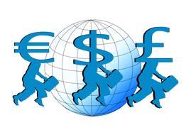 Blue silhouettes of the businessmen, with the Euro, Dollar and Pound signs, at background with the checkered planet, clipart