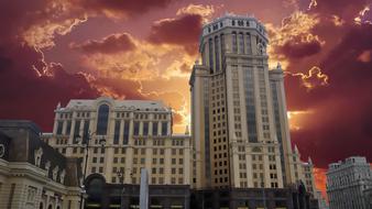 dramatic evening sky over modern architecture