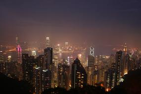 Cityscape of Hong Kong, with the buildings, with the colorful lights, at the night