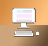 Drawing of a white monitor with colorful screen, white keyboard and white mouse on the brown desk