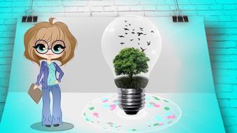 cartoon manager, tree in a light bulb on a sheet of paper