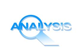 Blue and white, gradient "Analysis" sign, with the magnifying glass, clipart