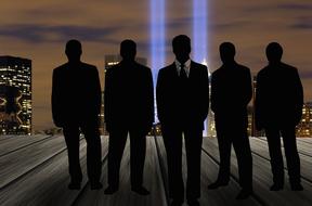 five businessmen in front of night city skyline, collage