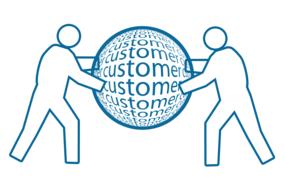 Blue and white silhouettes of the people, with the globe, with "customer" signs, clipart