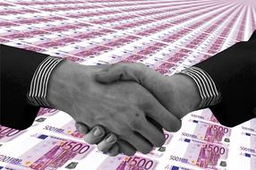 handshaking above euro bills, collage
